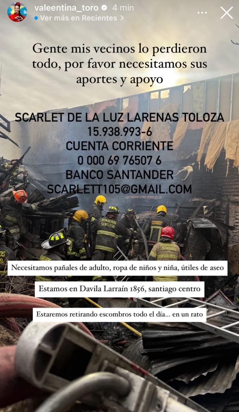 Datos para poder aportar a los damnificados del incendio  - Valentina Toro | Instagram