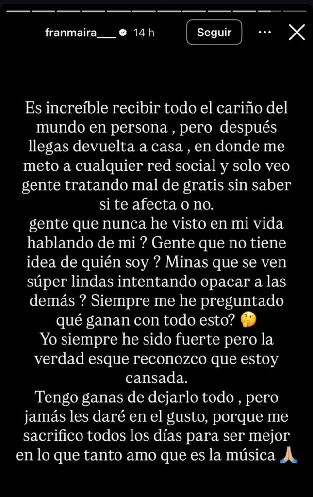 El feroz descargo de Fran Maira en redes sociales - Fran Maira | Instagram