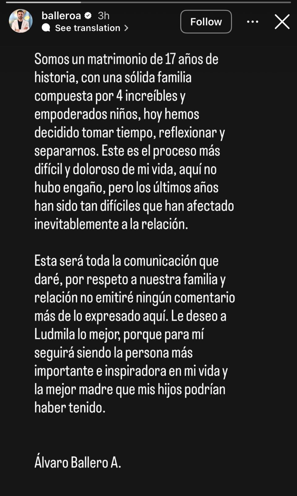 Álvaro Ballero confirma quiebre con Ludmila Ksenofontova - Álvaro Ballero | Instagram