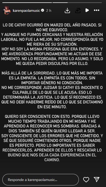 Karen Paola le pide disculpas a Cathy Barriga - Karen Paola | Instagram