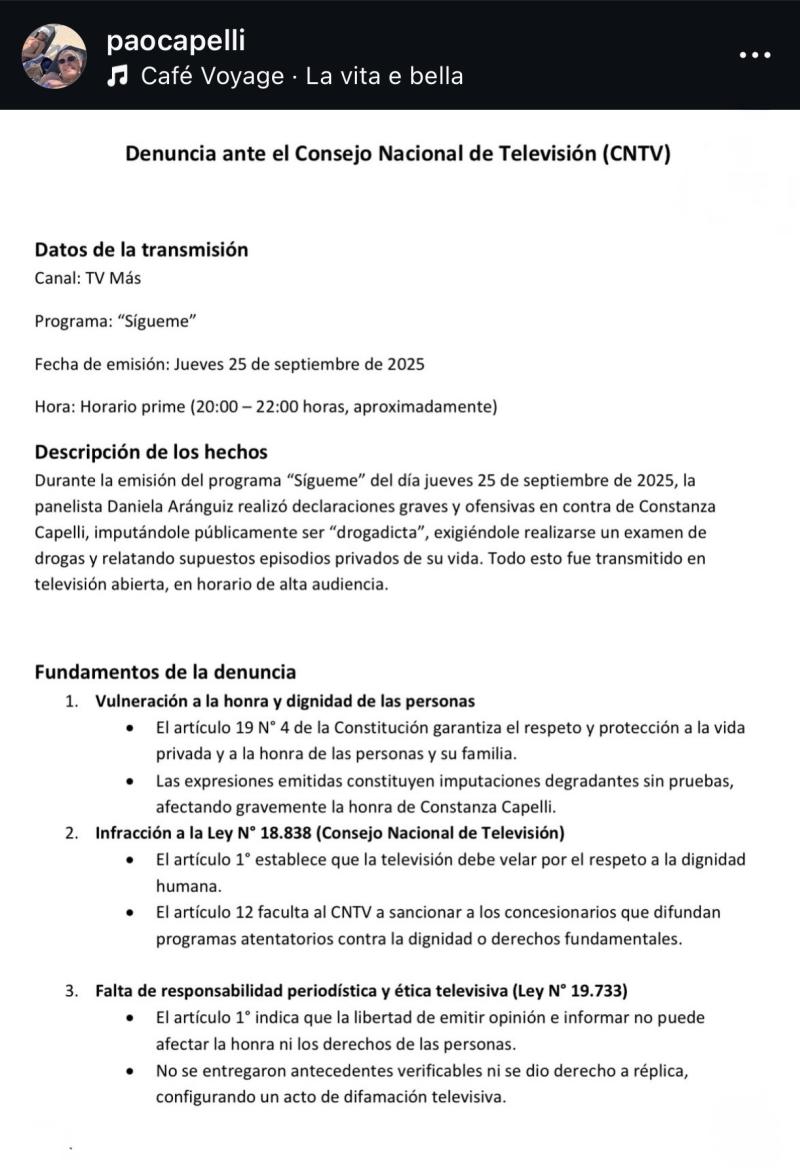 La denuncia de Paola Capelli contra Daniela Aránguiz ante el CNTV - Paola Capelli | Instagram