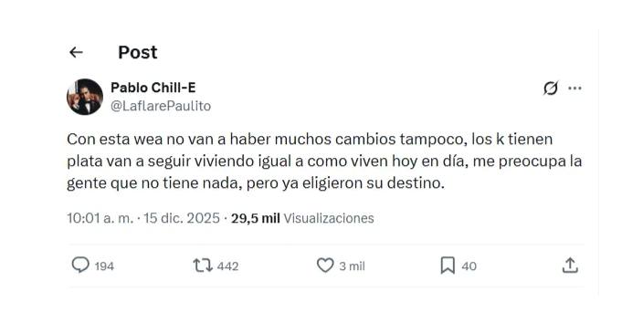 Pablo Chill-e mostró preocupación por triunfo de Kast. - Instagram