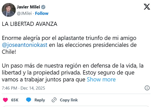 Reacción de Milei en X - Cuenta X de Milei