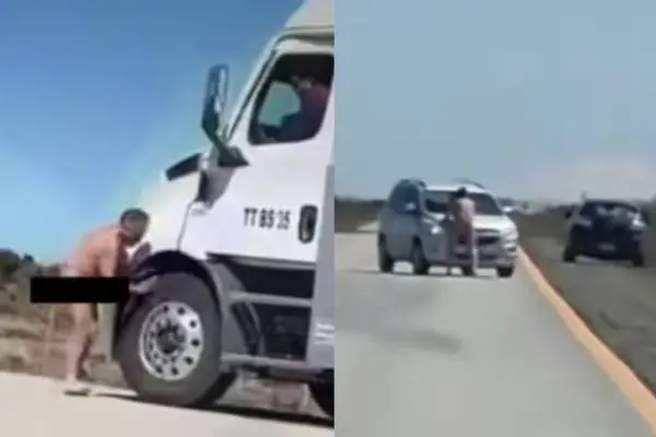 Hombre desnudo atacando vehículos en plena carretera ,Captura