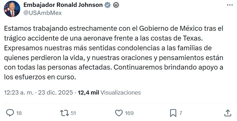 Mensaje del embajador Ronald Johnson - Cuenta X