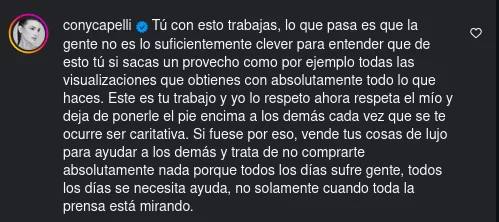 La respuesta de Cony Capelli al emplazamiento de Naya Fácil  - Captura de Instagram