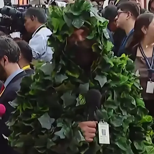 Periodista disfrazado de arbusto  ,Captura de Instagram / Redes Sociales