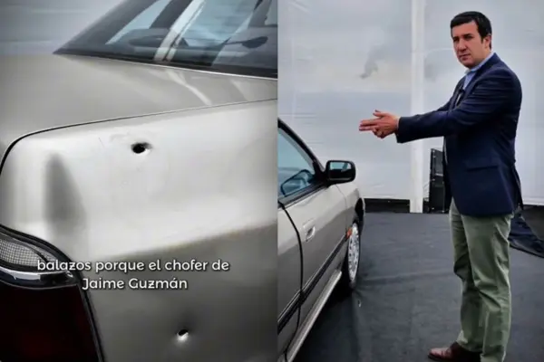 El diputado Ramírez junto al auto donde mataron a Jaime Guzmán ,Instagram