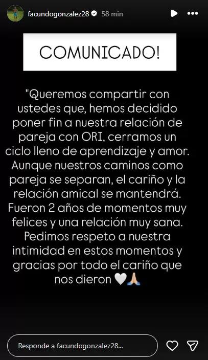 Ruptura entre Oriana Marzoli y Facundo González. ¿Verdad o humo? - Facundo González | Instagram