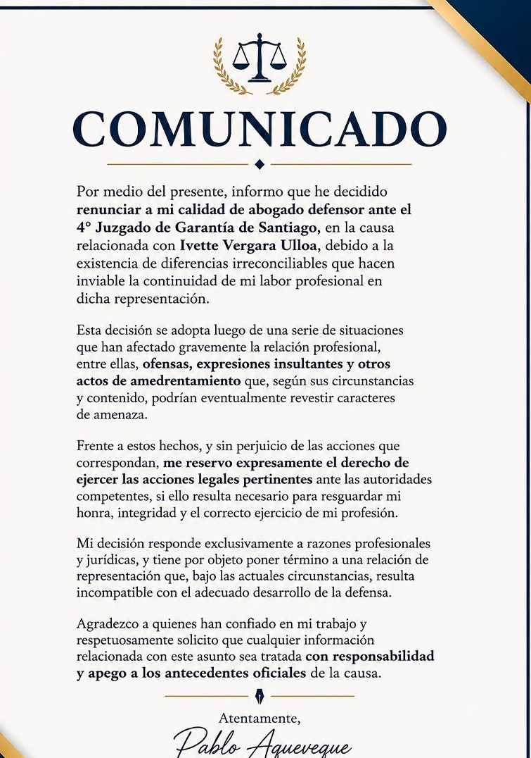 Comunicado abogado Pablo Aqueveque - Captura