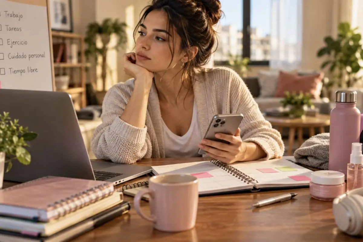 Mujer organizando sus tareas diarias y su tiempo personal en casa