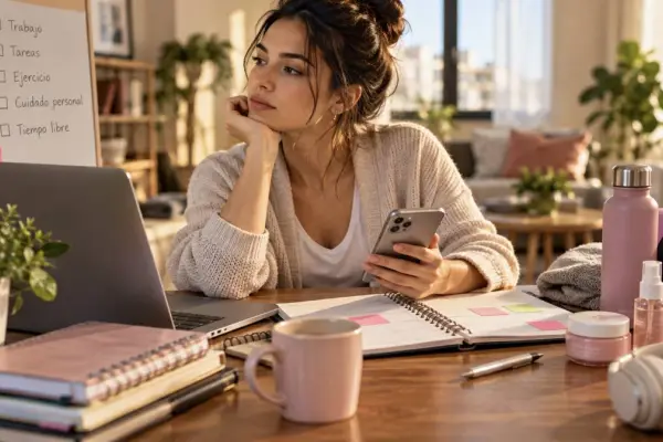 Mujer organizando sus tareas diarias y su tiempo personal en casa